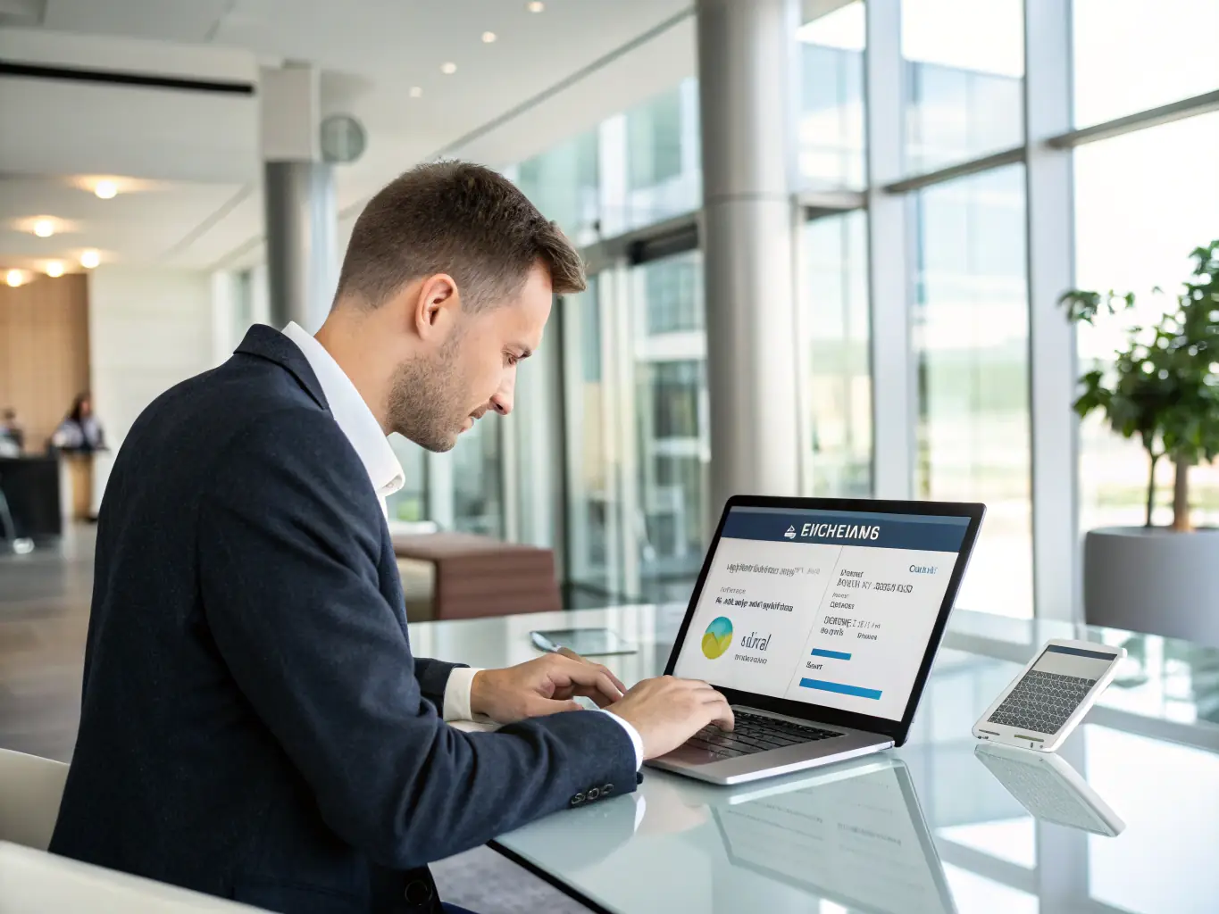 A professional sales representative using LeadGenius on their laptop, showcasing the AI-powered lead scoring feature with a clear, intuitive dashboard.